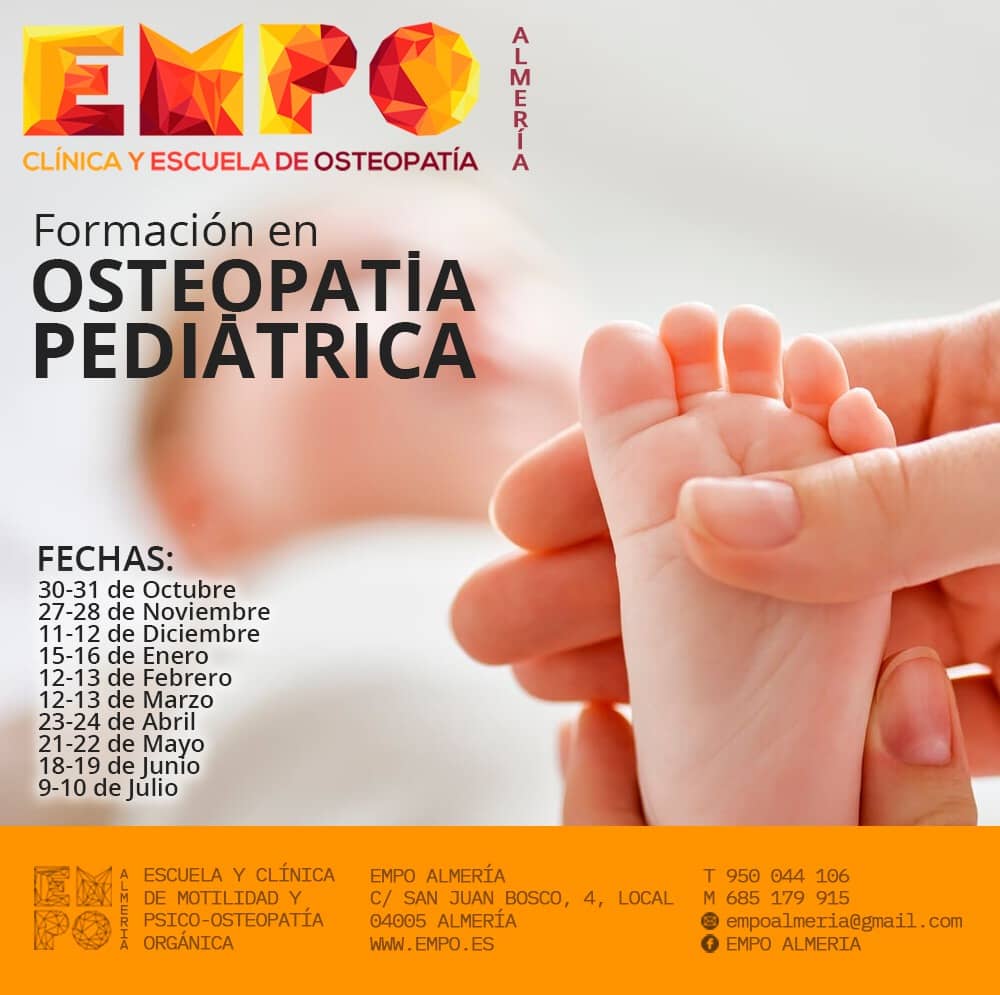 Cartel informativo con pie de un bebé y fechas de la formación en Osteopatía Pediátrica