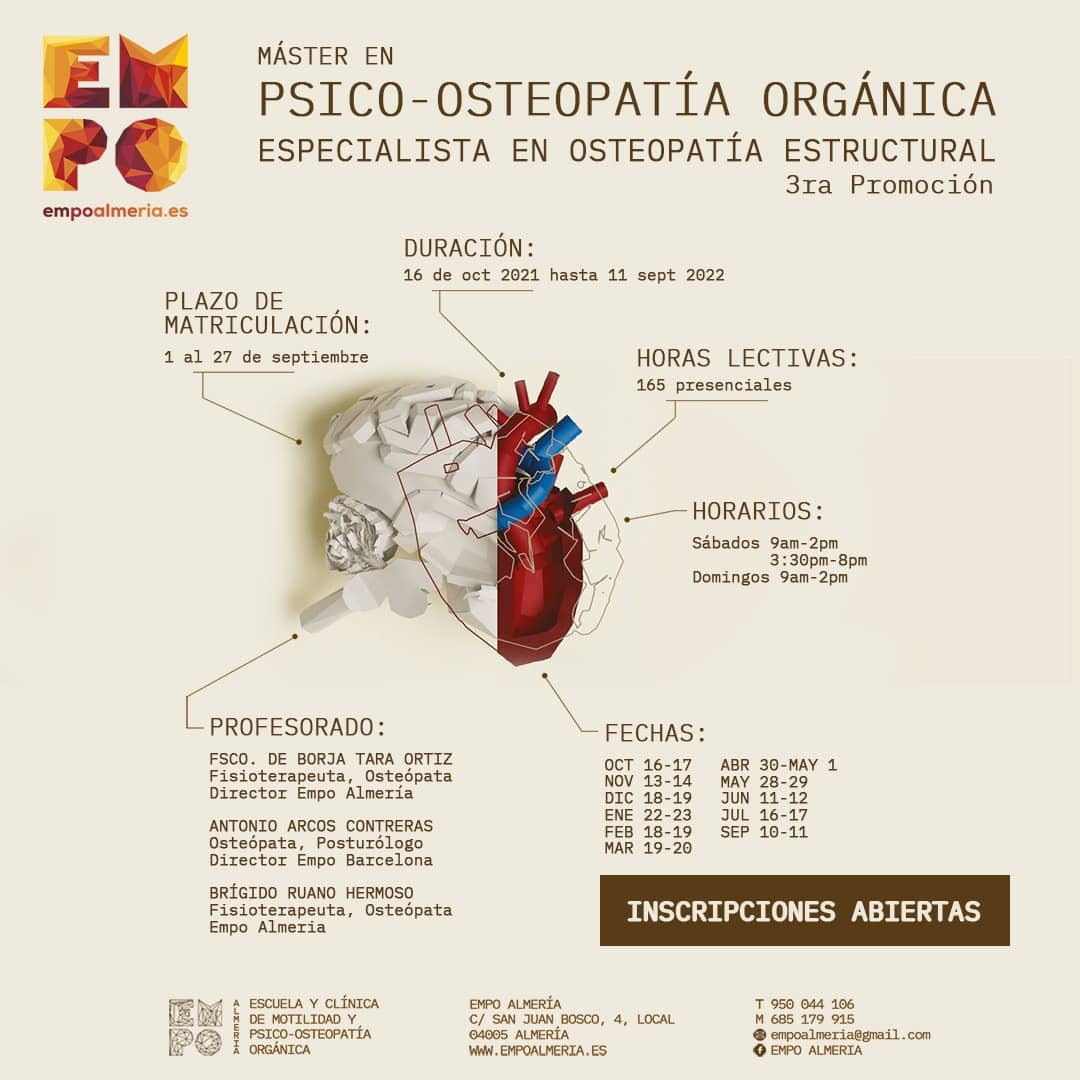 Cartel informativo con corazón con información del Máster en Psico-Osteopatía Orgánica de la Escuela de Osteopatía EMPO
