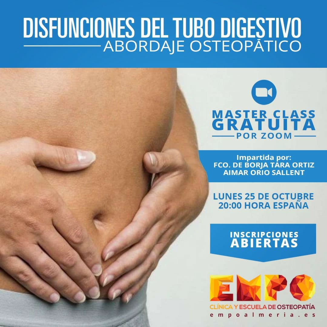 cartel de la masterclass online gratuita sobre disfunciones del tubo digestivo